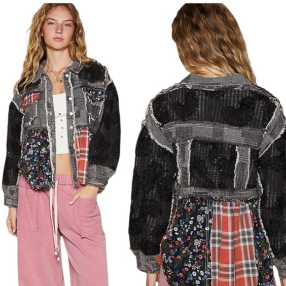 POL Crochet Knit Boho Jacket Retro Floral Farmhouse Plaid Patchwork Size L - Picture 2 of 11